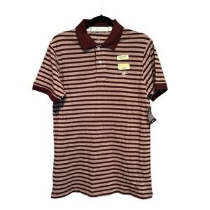 NEW Roots Pique Polo Shirt Slim Fit Burgundy Taupe Stripe Beaver Logo Medium NWT